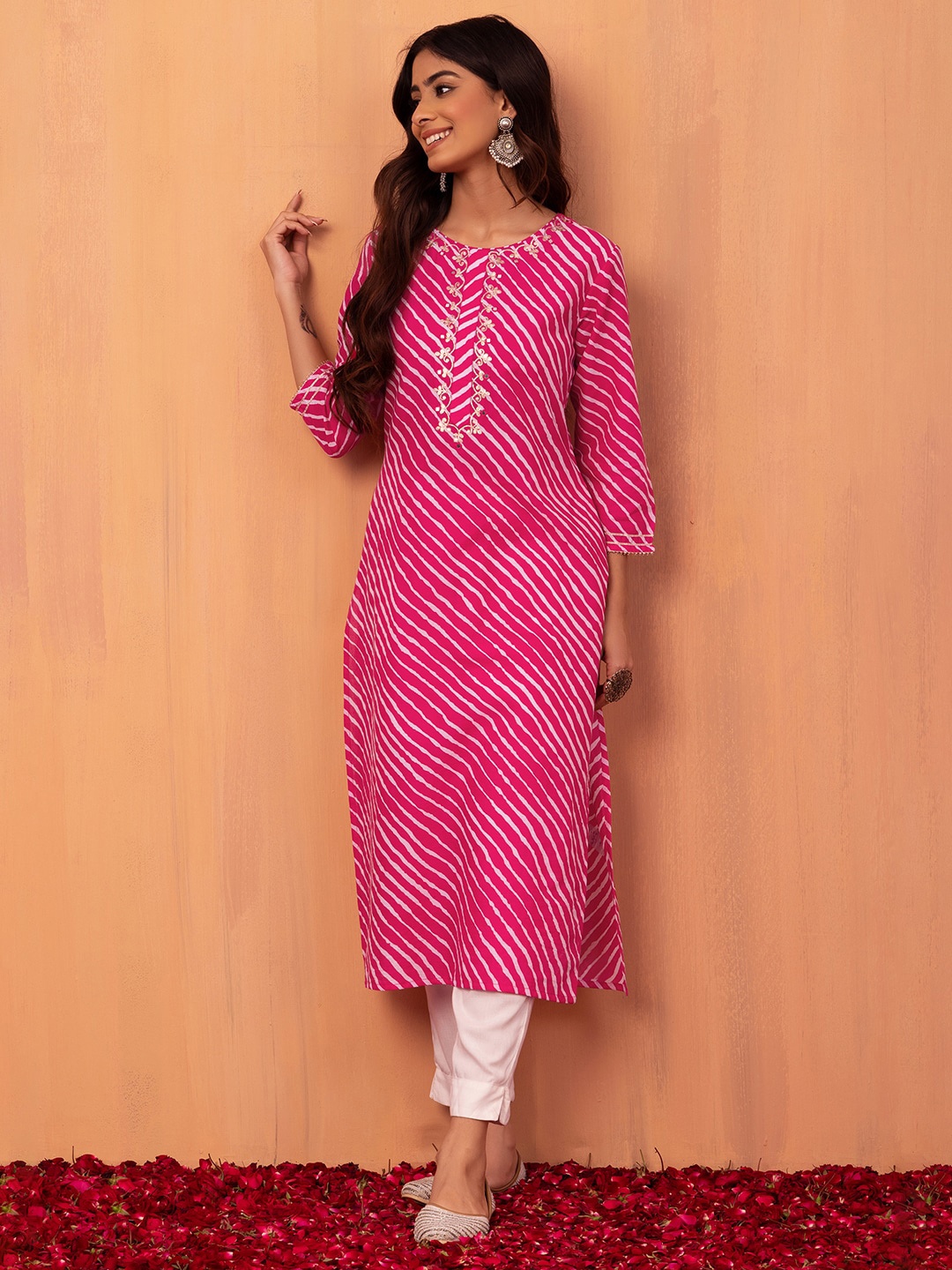 

INDYA Leheriya Print Thread Work Pure Cotton Straight Kurta With Trouser, Pink