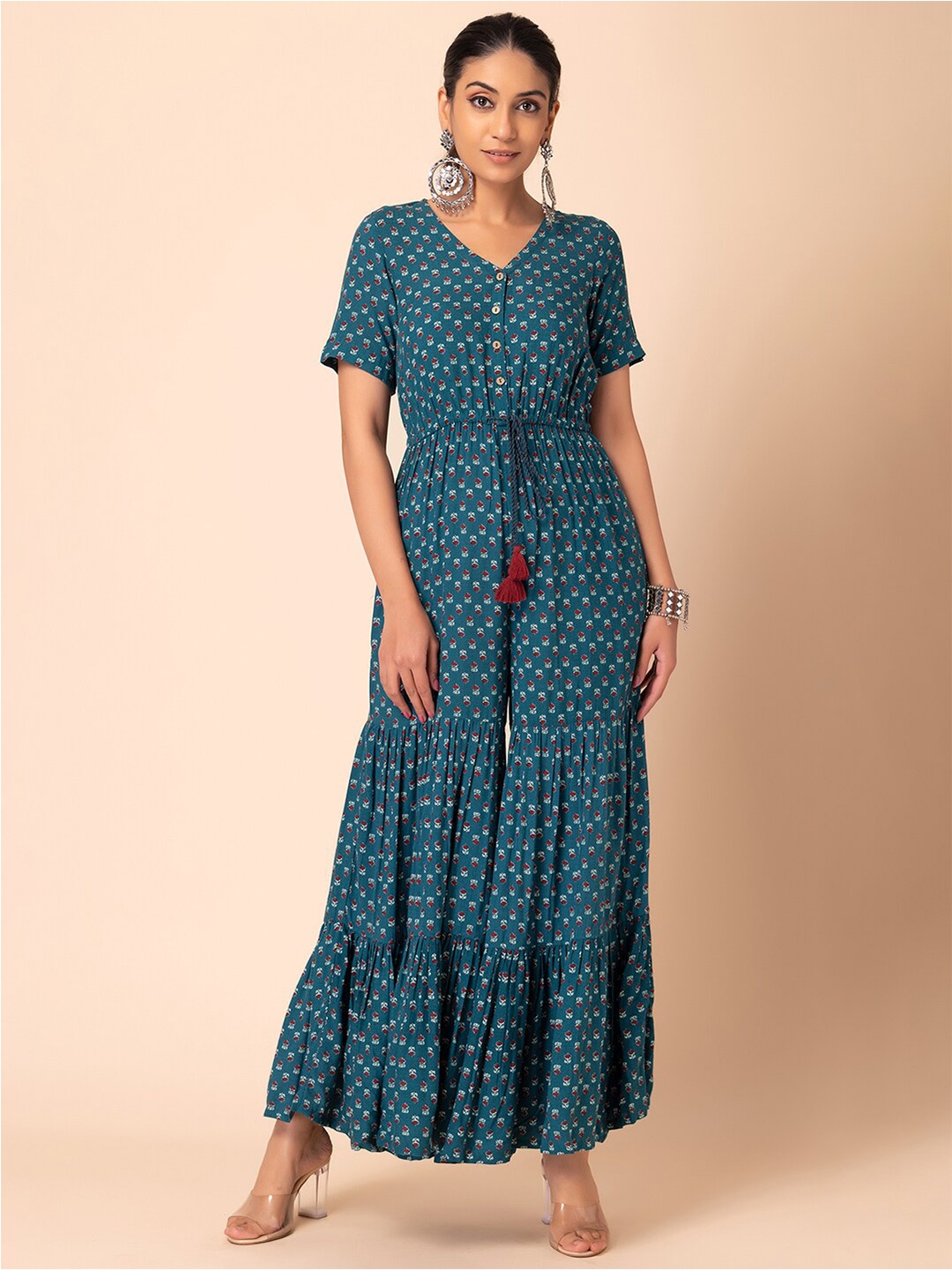 

INDYA Boota Printed Tiered Jumpsuit, Blue