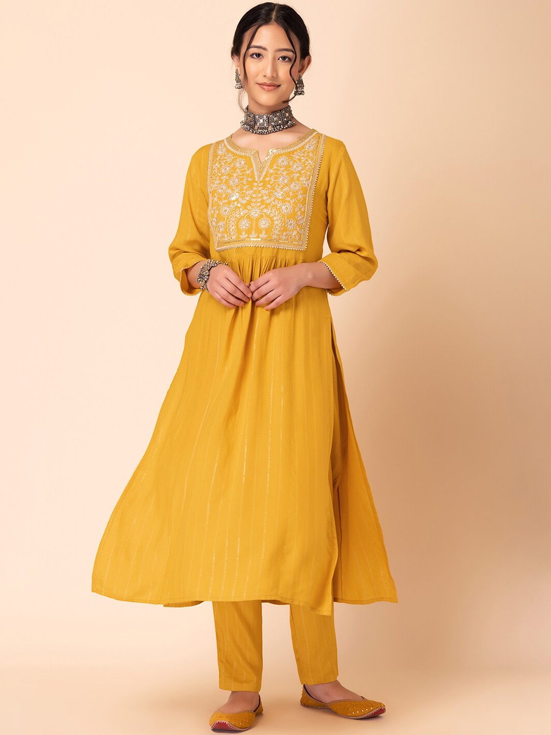 

INDYA Floral Embroidered Sequined A-Line Kurta With Trouser, Mustard