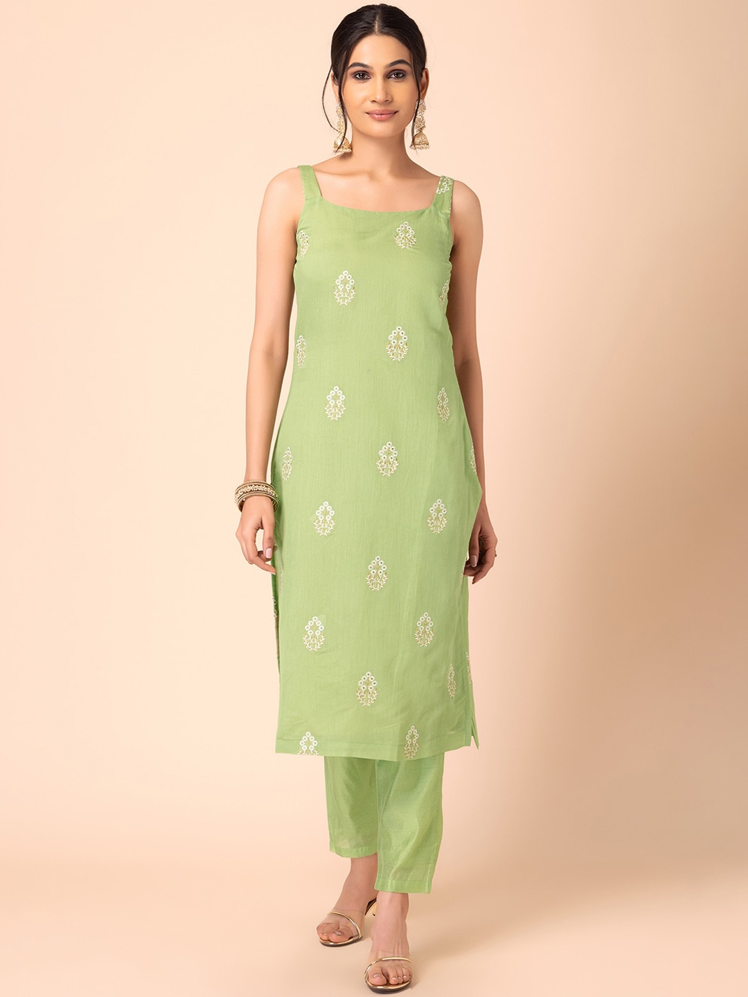

INDYA Floral Embroidered Shoulder Straps Chanderi Silks Kurtas, Green