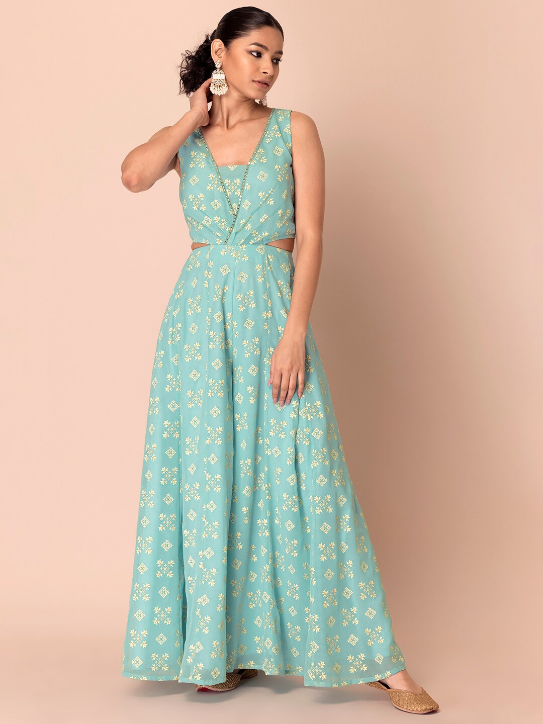 

INDYA Printed V-Neck Cut-Out Jumpsuit, Turquoise blue