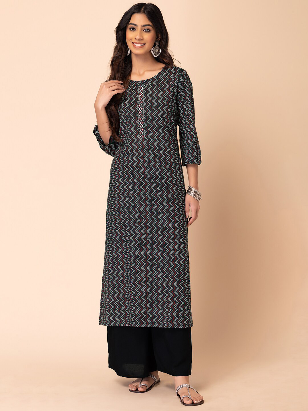 

INDYA Geometric Printed Mirror Work Pure Cotton Kurtas, Grey