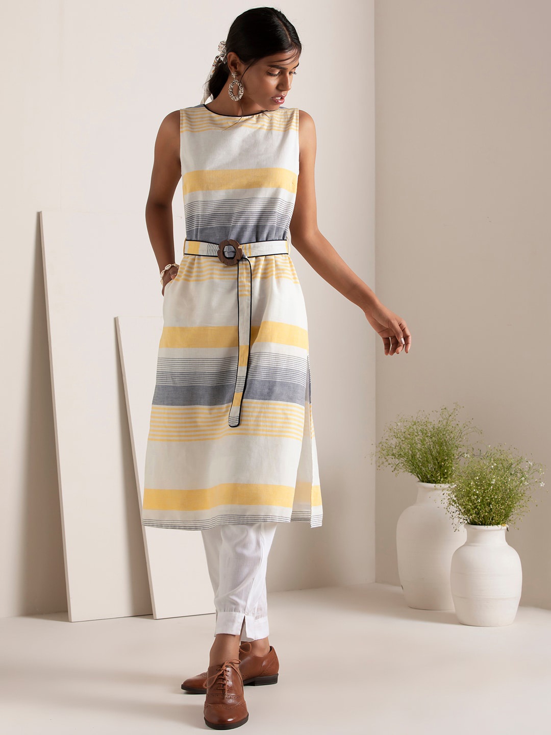 

Rang by Indya Striped Pure Cotton Straight Kurta With Belt, Yellow