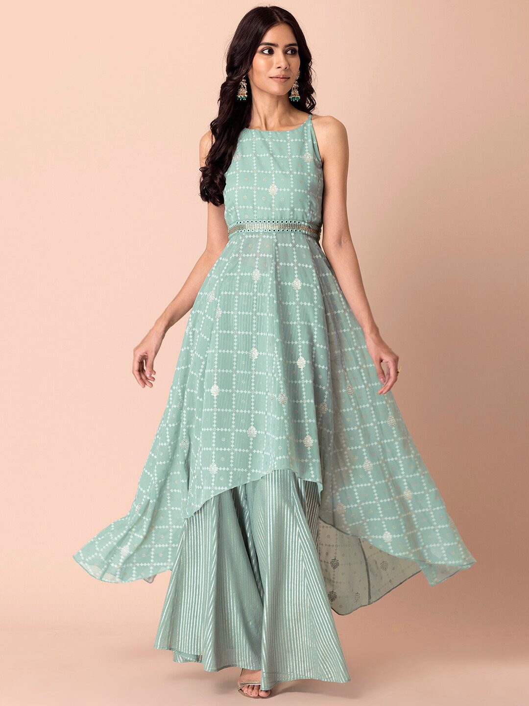 

INDYA Geometric Foiled Printed High Low Kurta, Sea green