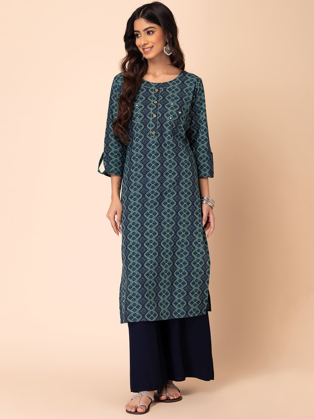

INDYA Ethnic Motifs Printed Mirror Work Pure-Cotton A-Line Kurtas, Blue
