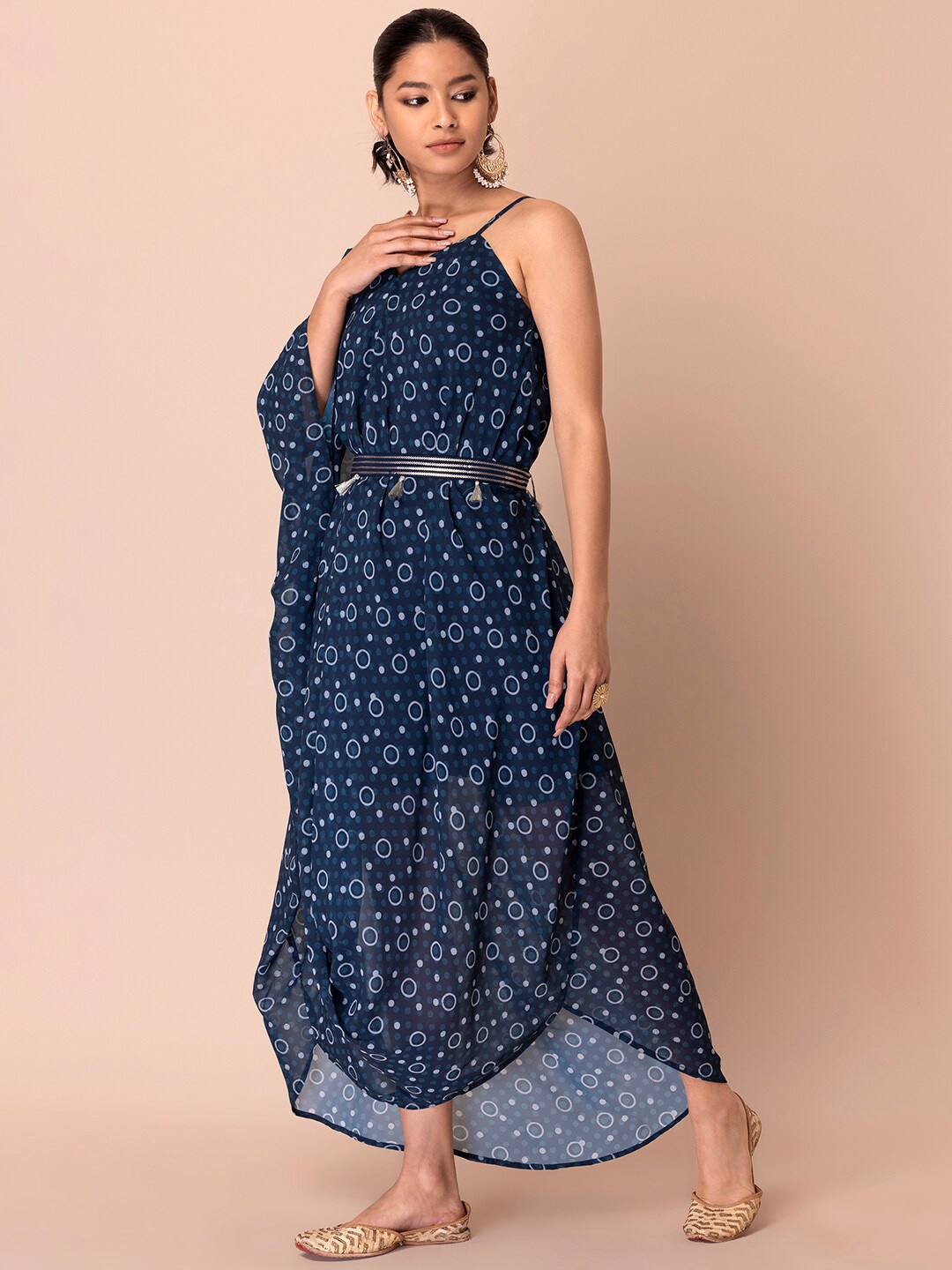 

Rang by Indya Printed Belted One Shoulder Ethnic Dress, Blue