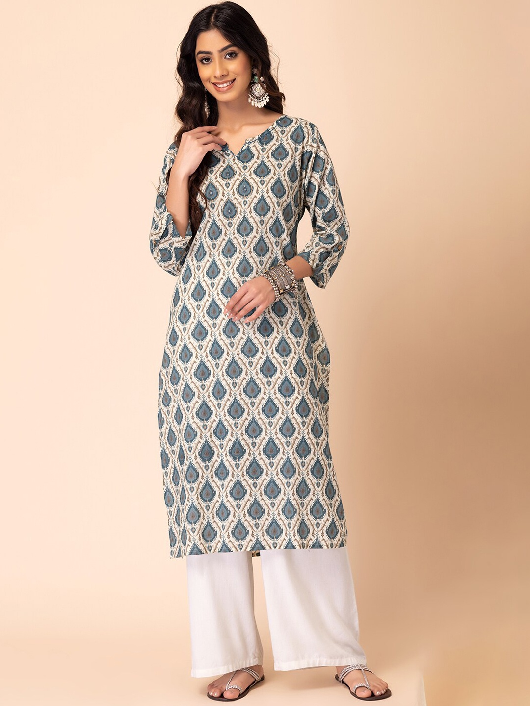 

INDYA Ethnic Motifs Printed Thread Work Pure-Cotton A-Line Kurtas, Beige