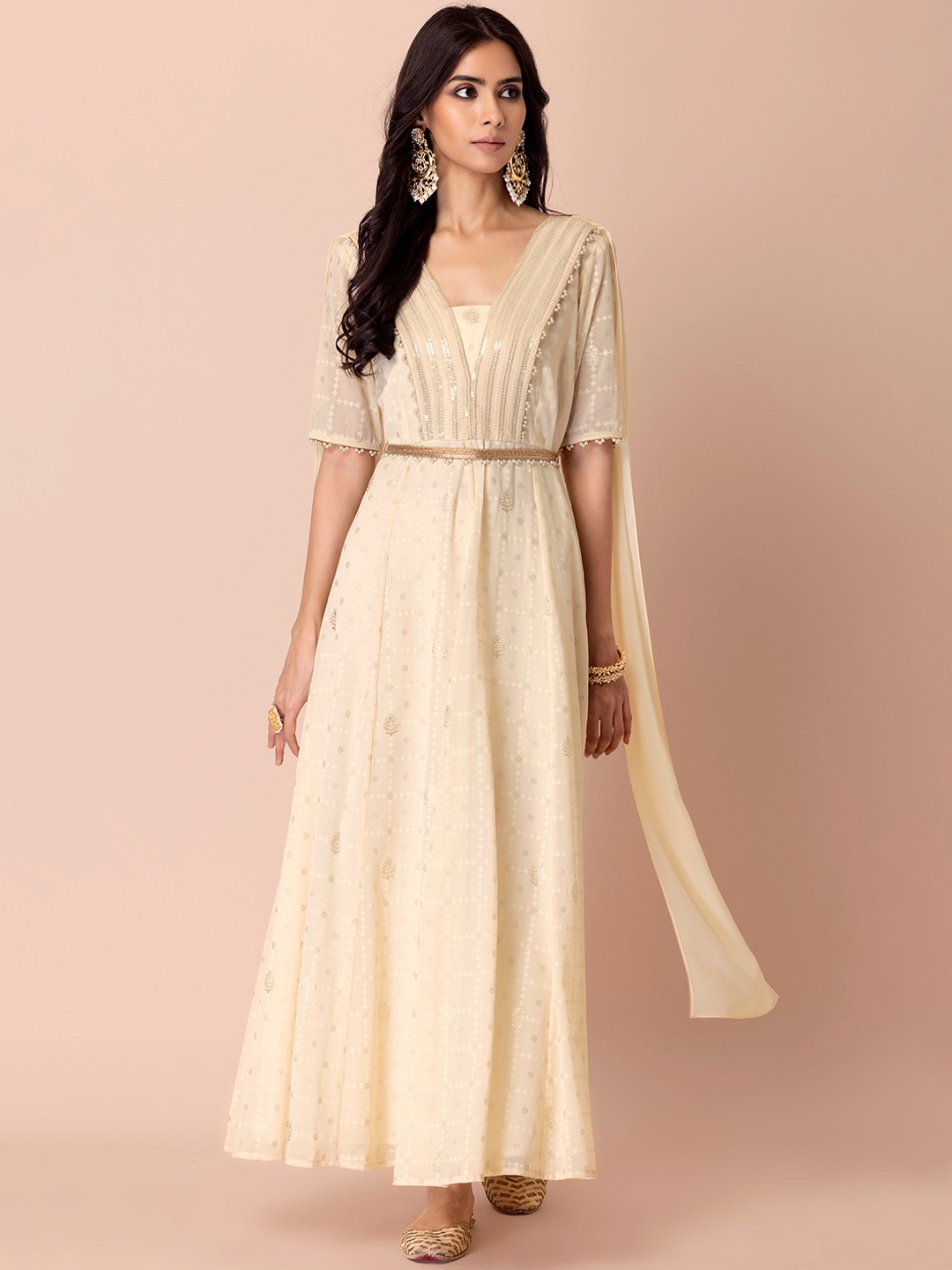 

INDYA Ethnic Motifs Sequined Embroidered Kurta With Attached Dupatta & Belt, Beige