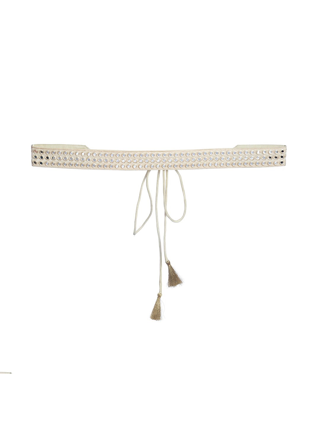 INDYA Women Mirror Embroidered Tie-Ups Belt, Off white