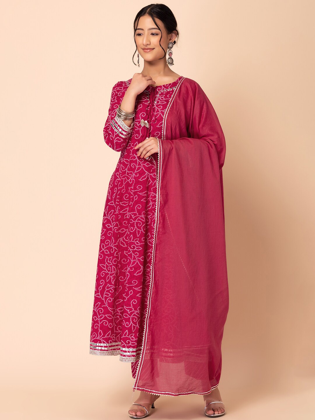 

INDYA Printed Pure Cotton Anarkali Kurta With Trouser & Dupatta, Pink