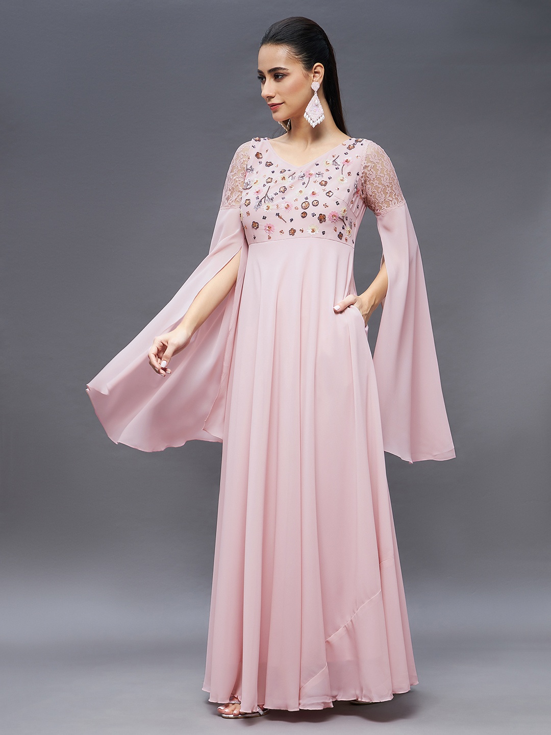 

Miss Chase Embellished Short Sleeves V-Neck A-Line Party Dress, Pink