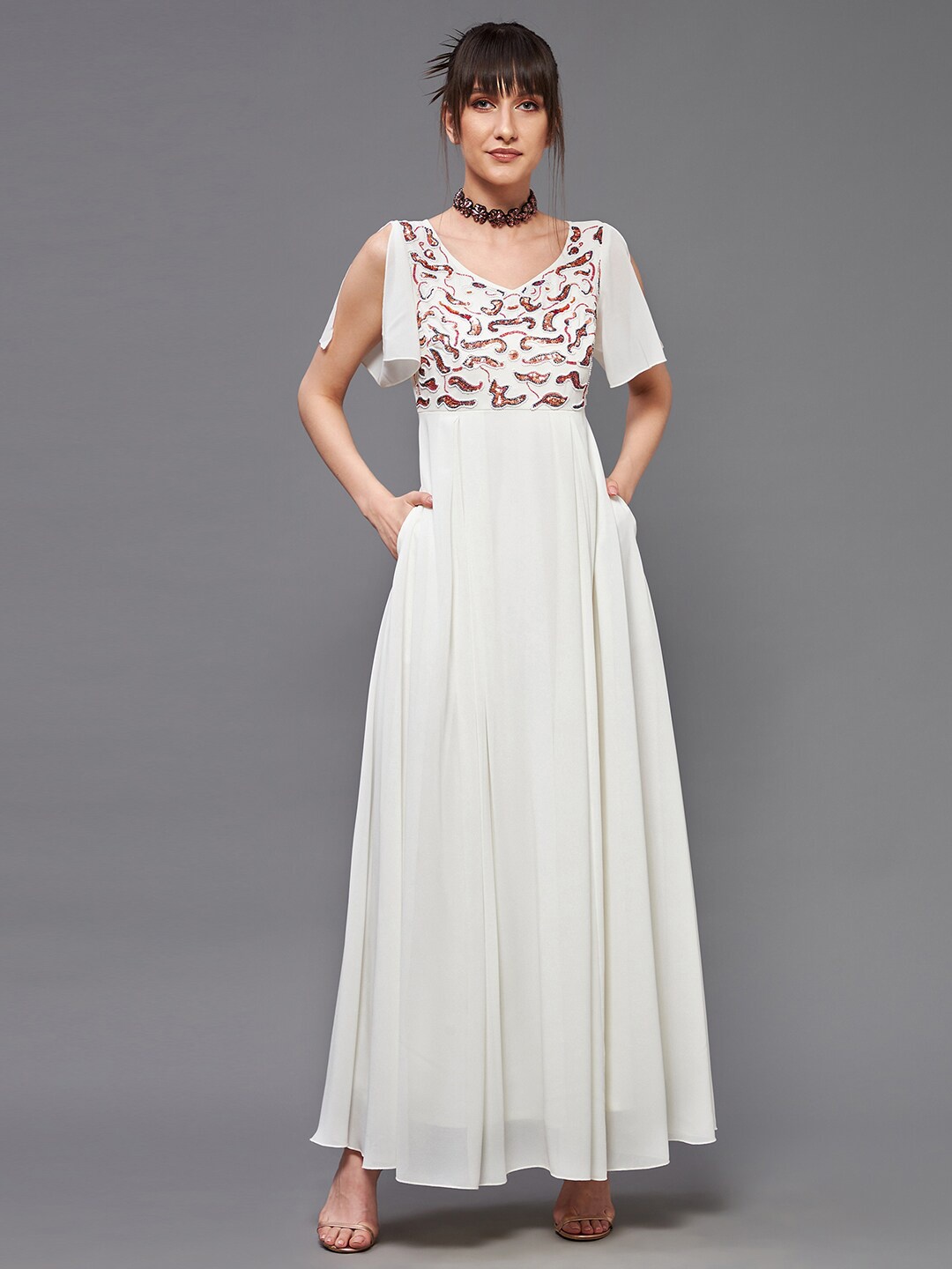 

Miss Chase V-Neck Embroidered Georgette Maxi Dress, Off white