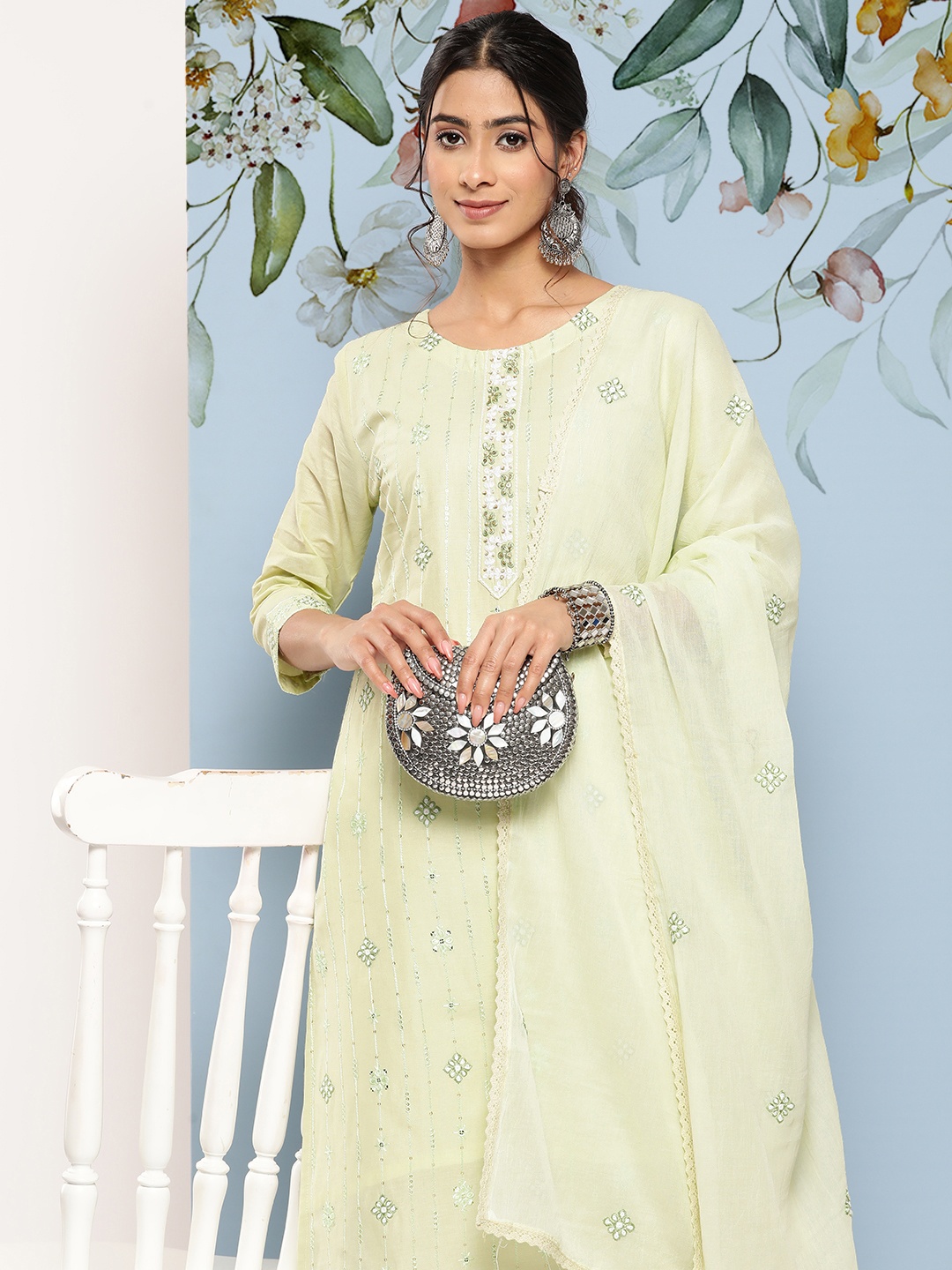 

Yufta Ethnic Motifs Embroidered Sequinned Pure Cotton Kurta With Trousers & Dupatta, Green