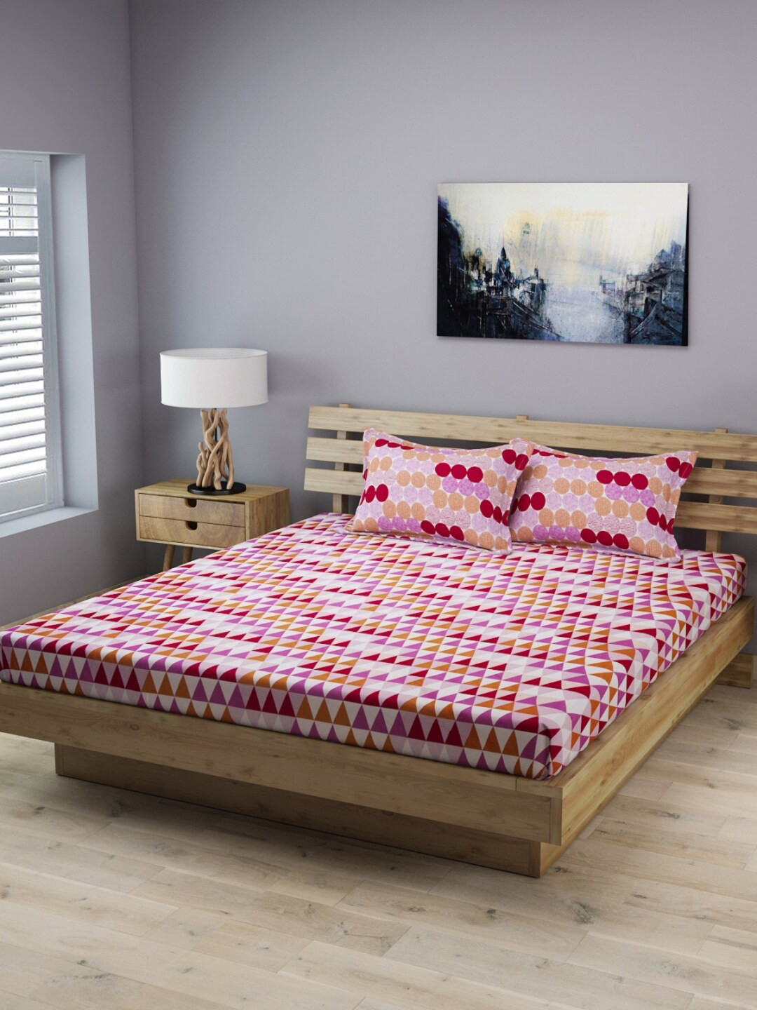 

ROMEE Purple & White Geometric 210 TC Cotton King Bedsheet With 2 Pillow Covers
