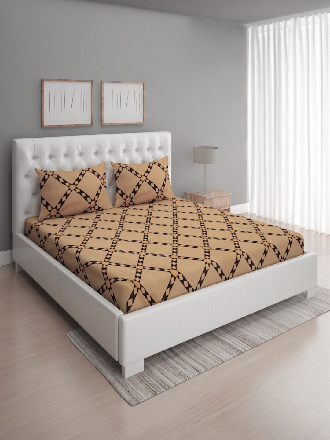 

ROMEE Geometric Print 144 TC Microfiber Queen Bedsheet With 2 Pillow Covers, Beige