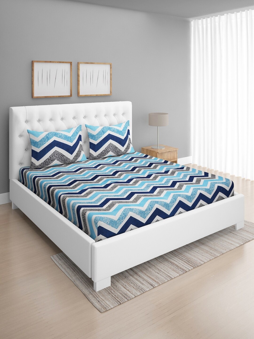 

ROMEE Blue & White Geometric 144 TC Microfiber Queen Bedsheet with 2 Pillow Covers