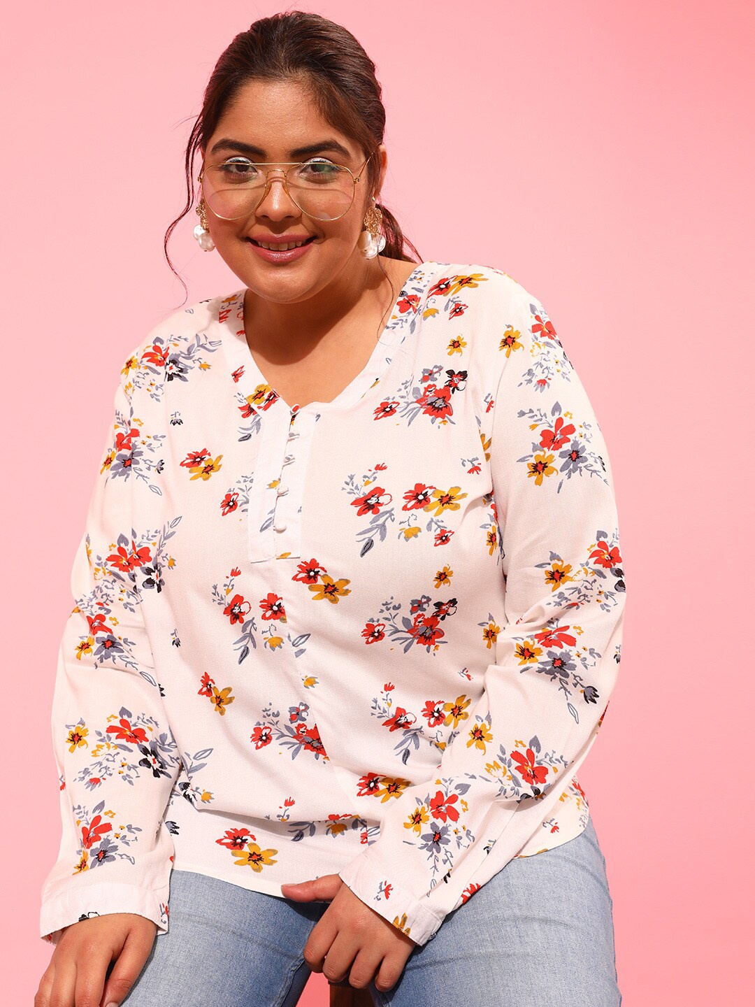 

CURVY STREET Floral Print Cuff Sleeves Top, White