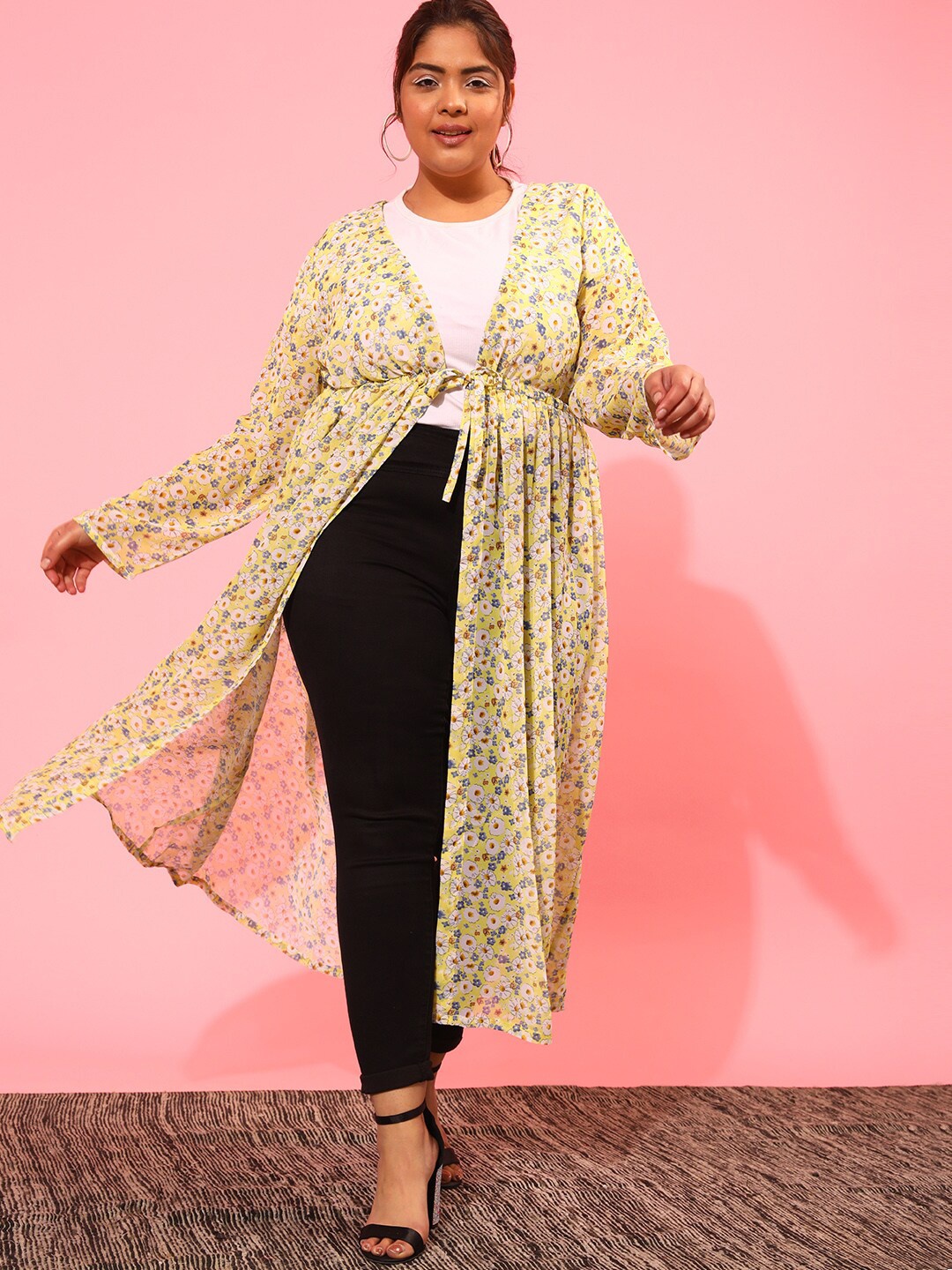 

CURVY STREET Women Floral Printed Longline Tie-Up Shrug, Yellow