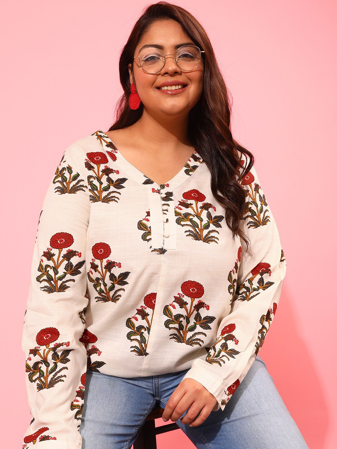 

CURVY STREET Plus Size Floral Print Top, Off white