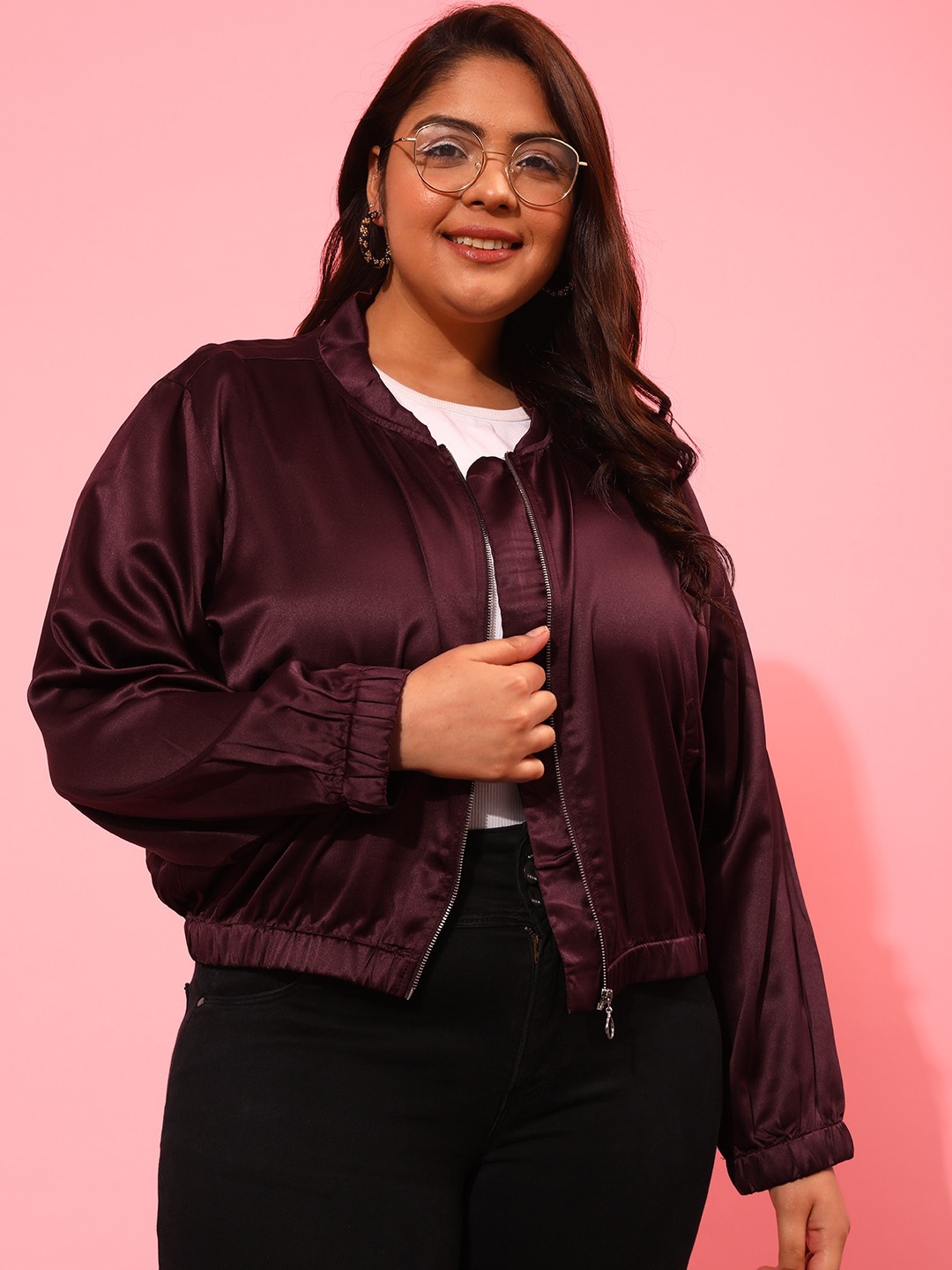 

CURVY STREET Plus Size Stand Collar Sporty Jacket, Burgundy