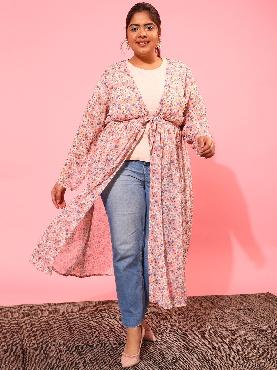 

CURVY STREET Women Printed Longline Tie-Up Shrug, Peach