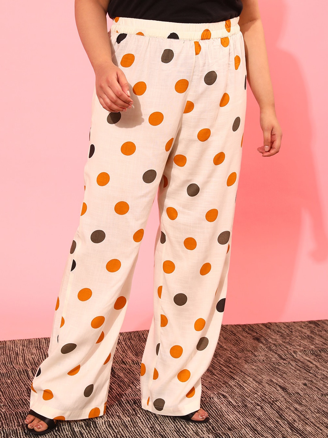 

CURVY STREET Women Printed Loose Fit Bootcut Trousers, Cream