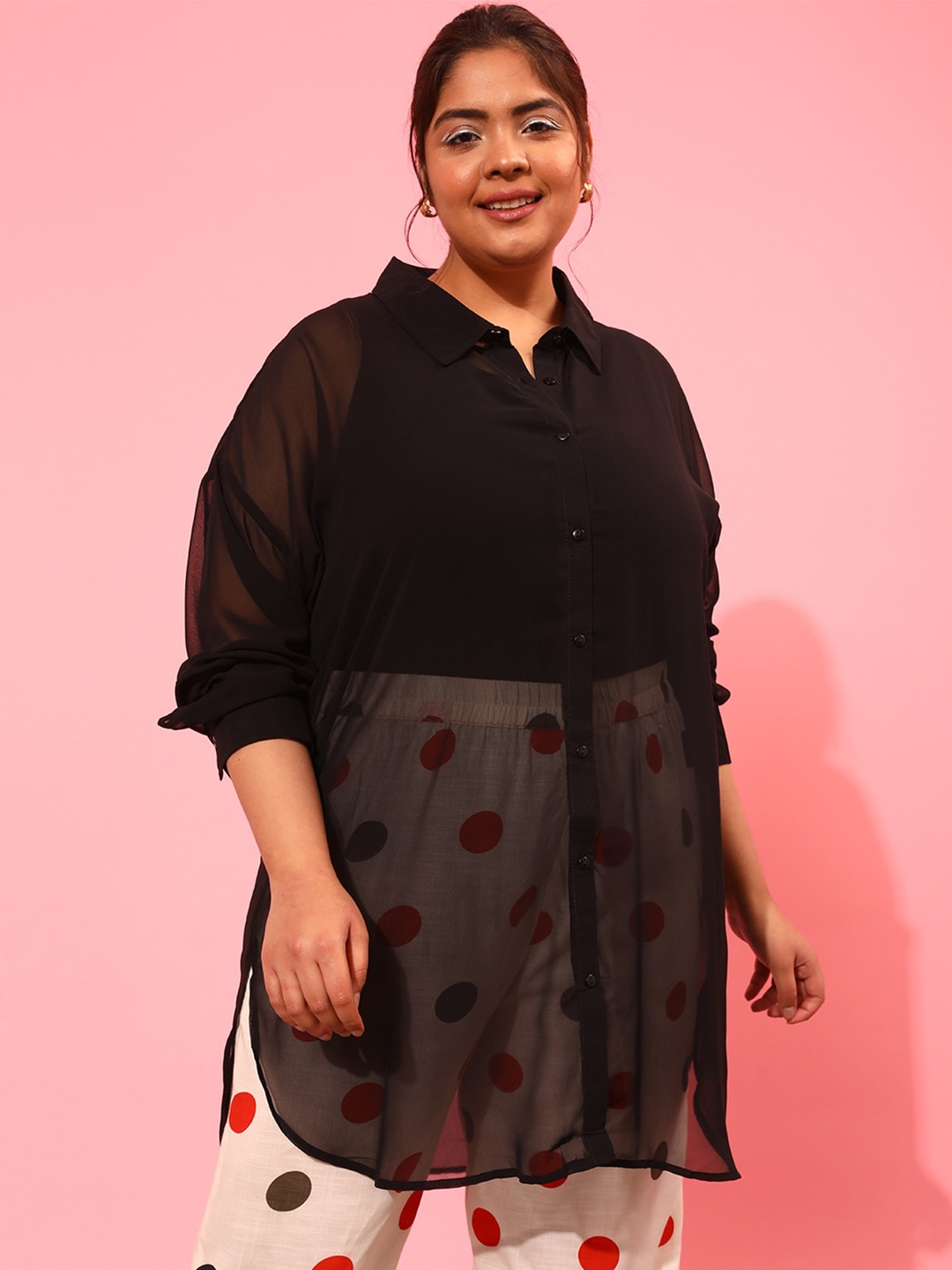 

CURVY STREET Women Boxy Sheer Casual Shirt, Black
