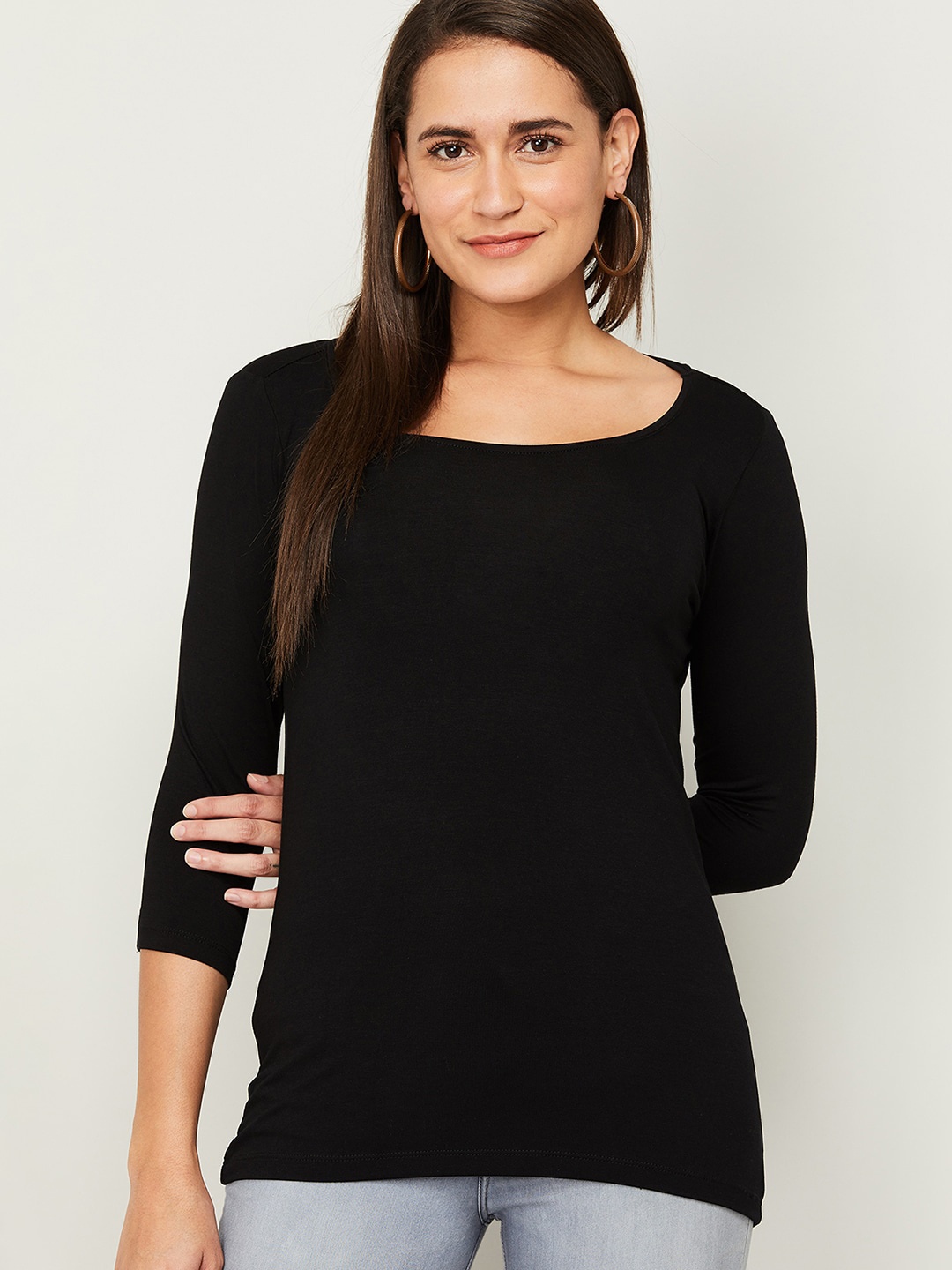 

CODE by Lifestyle Round Neck Regular Sleeves Fitted Top, Black
