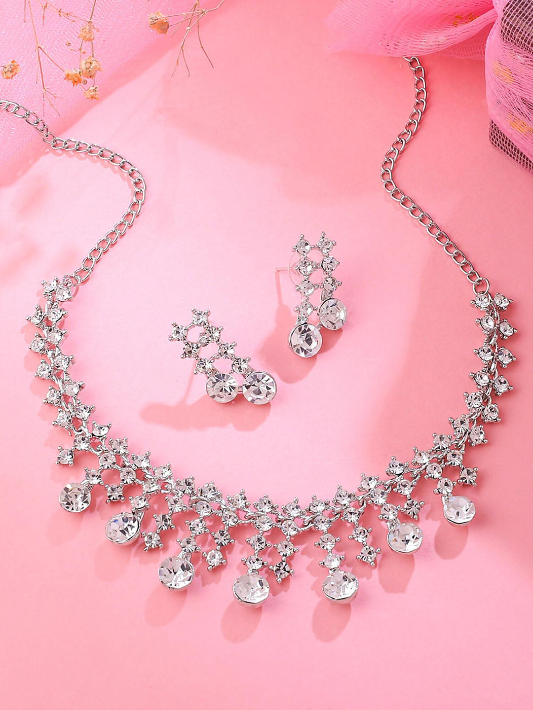 

Yellow Chimes Silver-Plated Crystal-Studded Jewellery Set, White