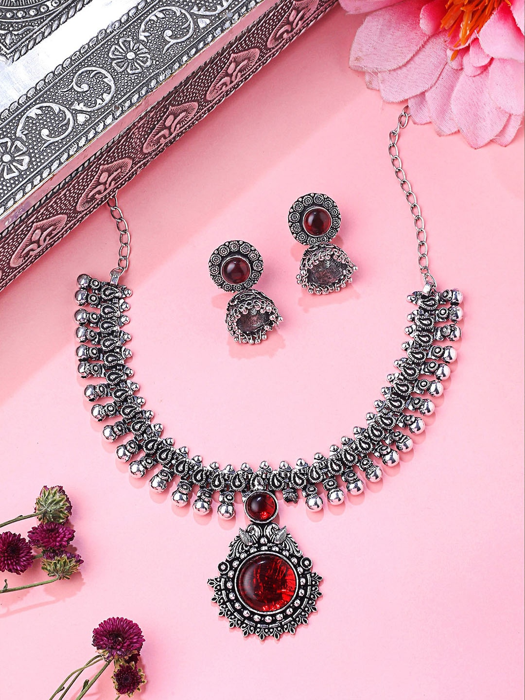 

Yellow Chimes Silver Oxidised Stone Studded Jewellery Set, Maroon