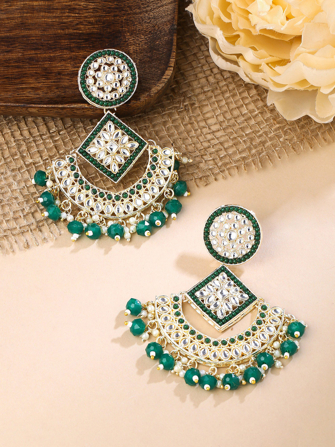 

Yellow Chimes Gold Plated Contemporary Kundan Studded Chandbalis Earrings, Green