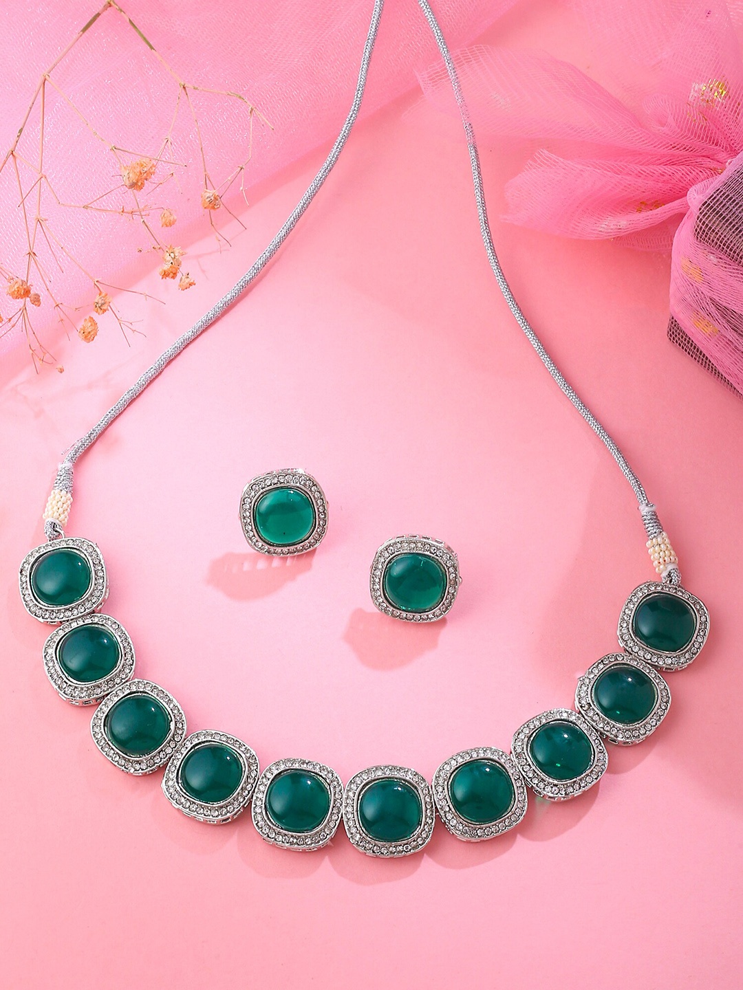 

Yellow Chimes Silver-Plated Crystals Jewellery Set, Green