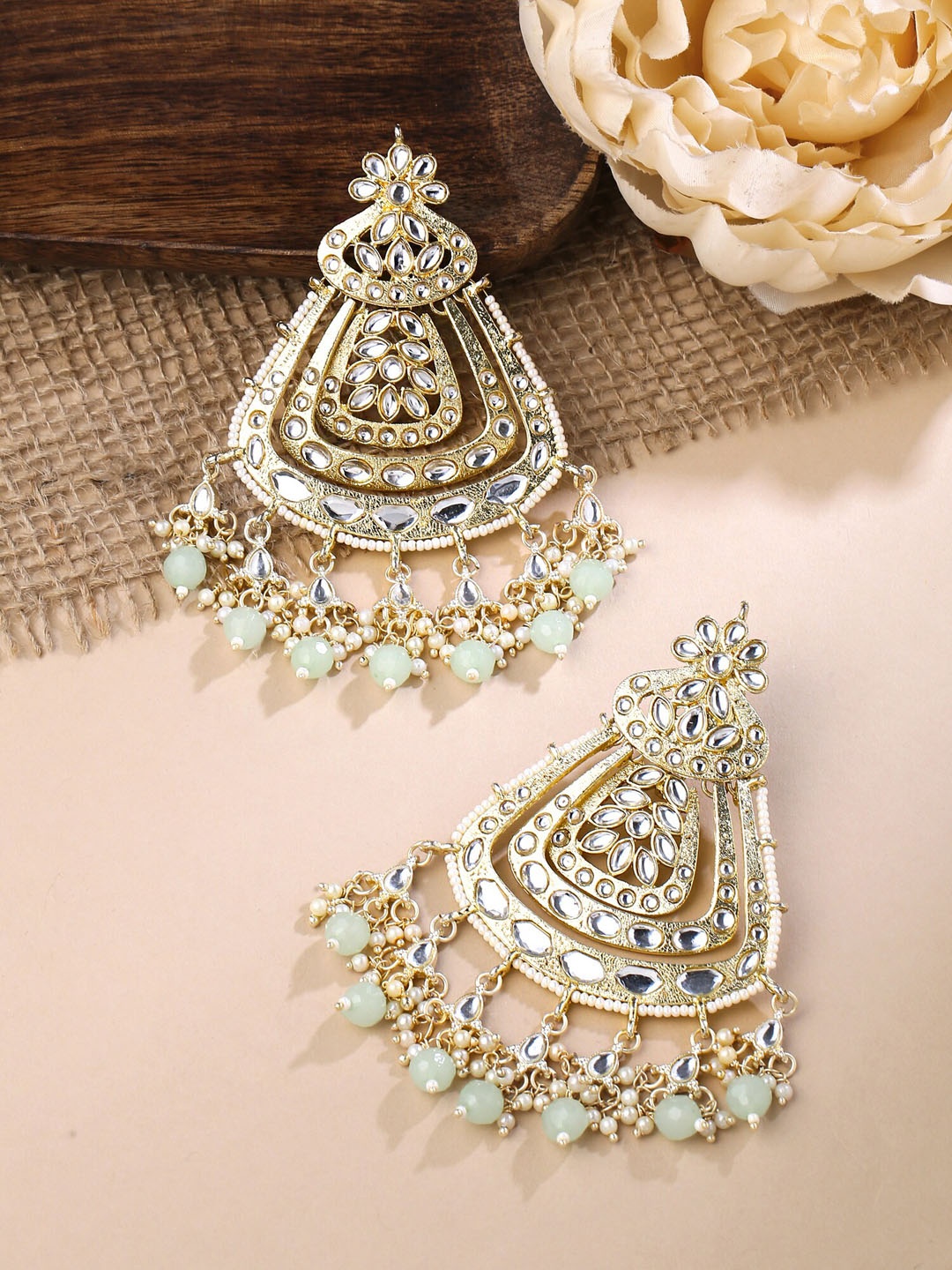 

Yellow Chimes Gold Plated Contemporary Kundan Studded Chandbalis Earrings, Sea green