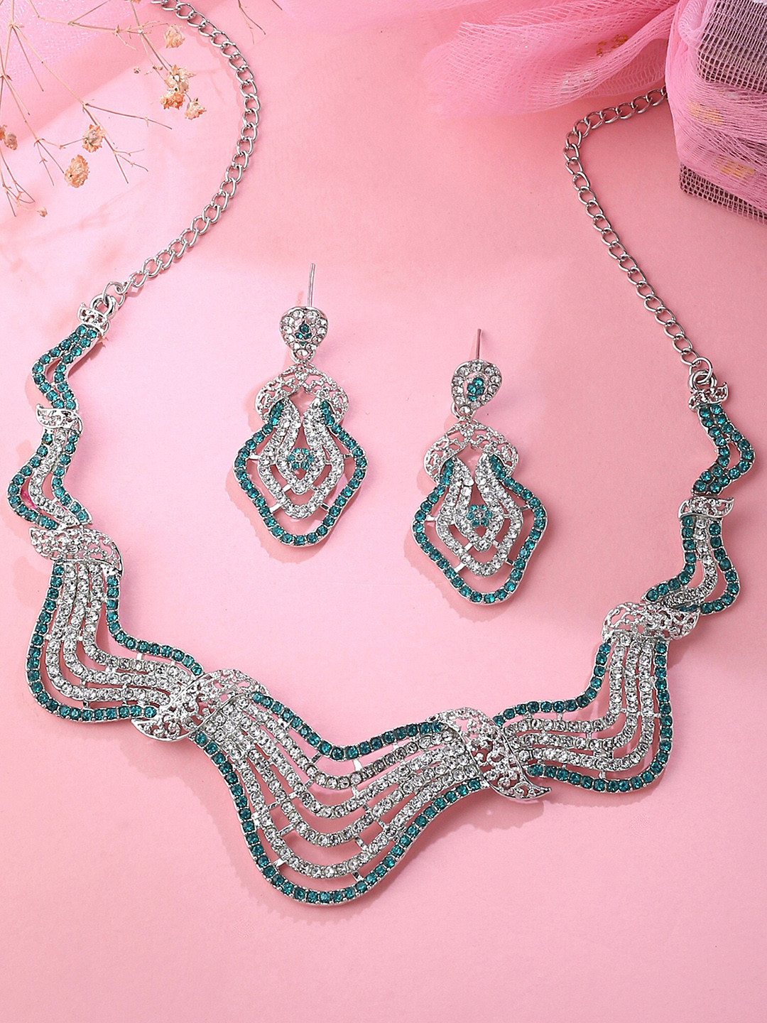 

Yellow Chimes Silver-Plated Crystals-Studded Jewellery Set, White