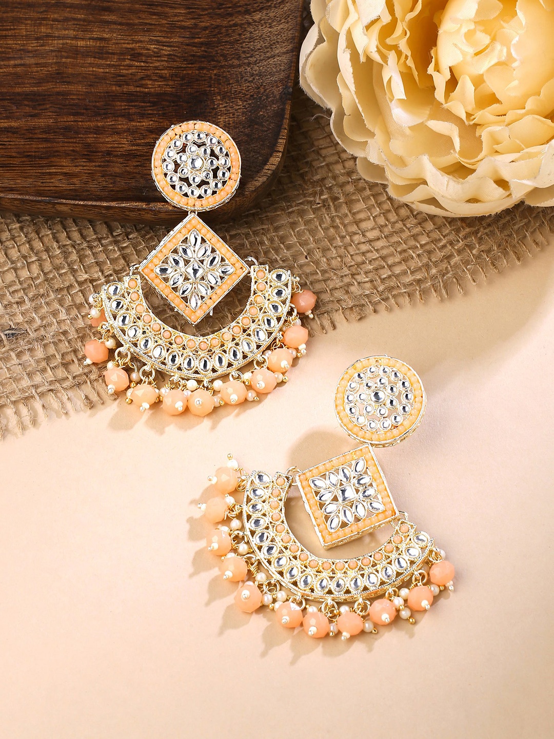 

Yellow Chimes Gold Plated Kundan Studded Chaandballi earrings, Peach