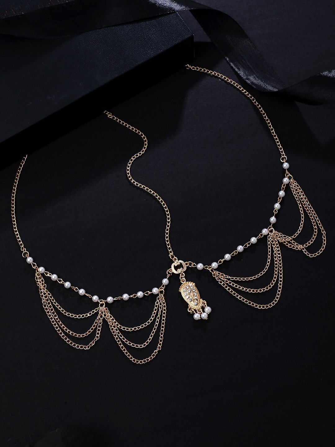 

Yellow Chimes Gold-Plated Stone-Studded & Pearl Beaded Layered Head Chain, White