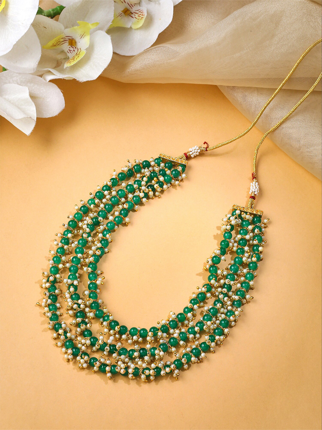 

Yellow Chimes Gold-Plated Beaded MultiLayered Necklace, Green