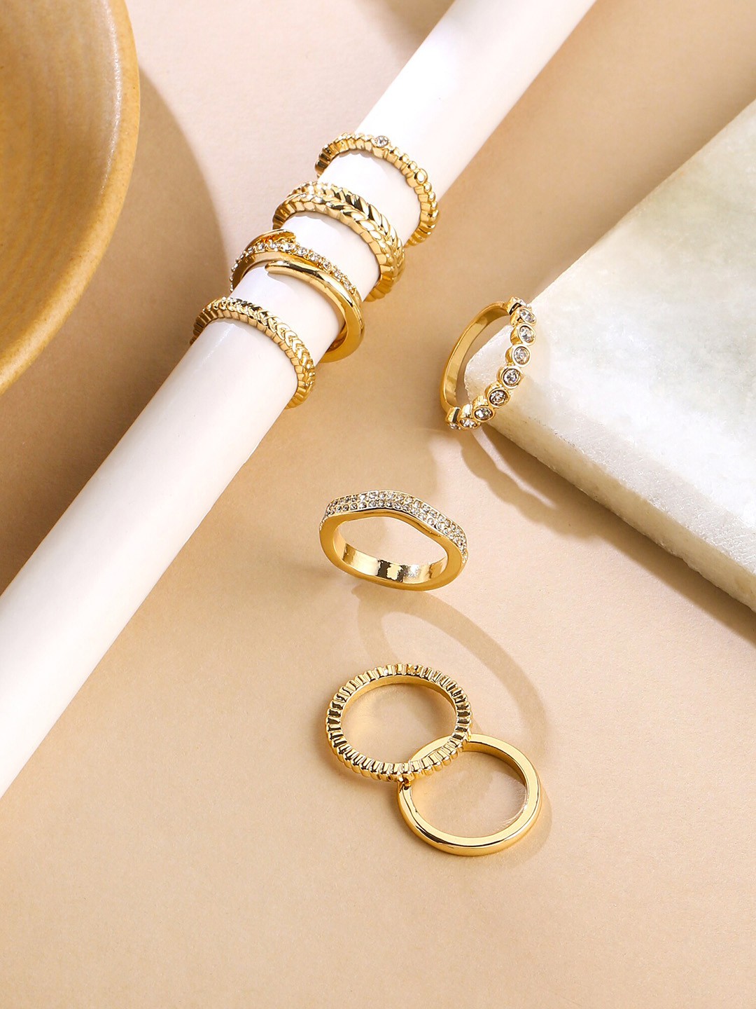 

Yellow Chimes Set of 8 Gold-Plated Stone Studded Finger Rings