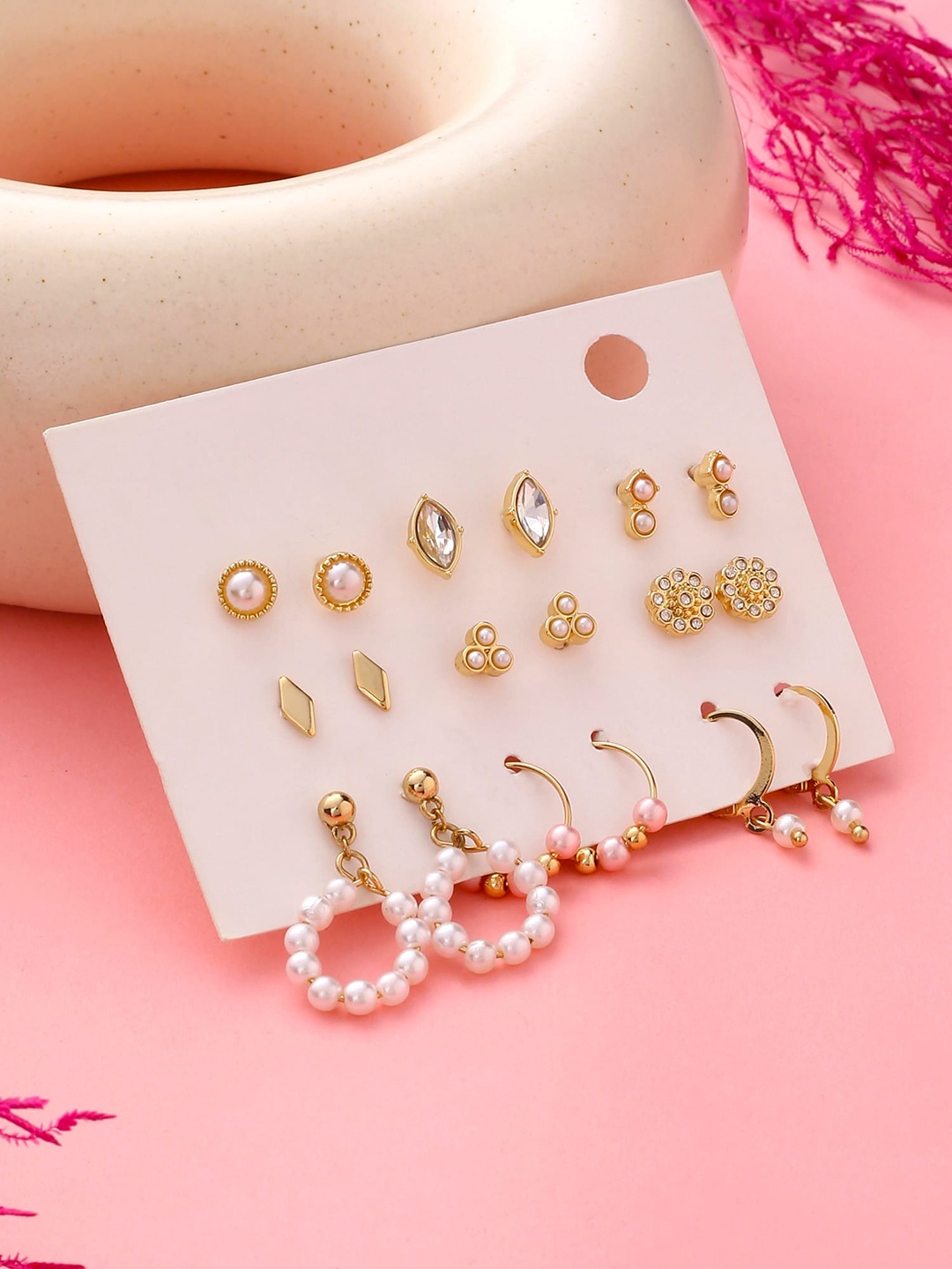 

Yellow Chimes Set of 9 Gold-Plated Contemporary Studs and Hoop Earrings, White