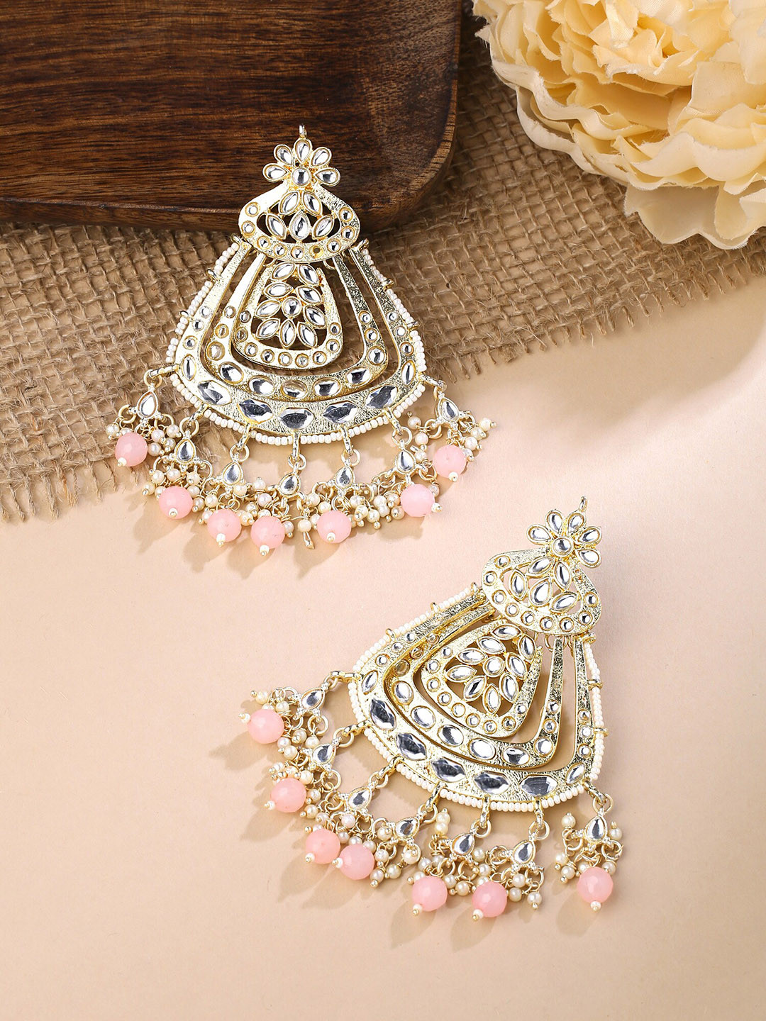 

Yellow Chimes Gold Plated Kundan Studded Contemporary Drop Earrings, Pink