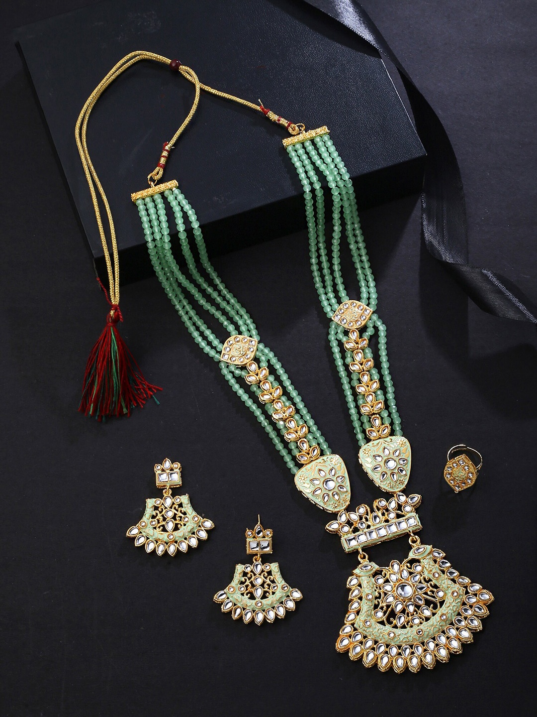 

Yellow Chimes Gold-Plated Stone-Studded & Pearl Beaded Long Jewellery Set, Sea green