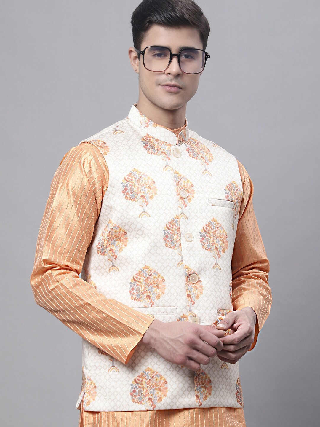 

Jompers Floral Printed Nehru Jackets, White
