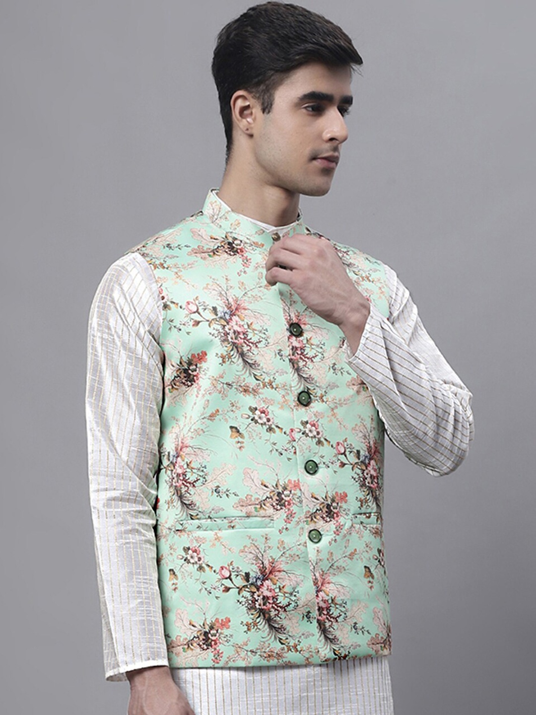 

Jompers Floral Printed Nehru Jacket, Green