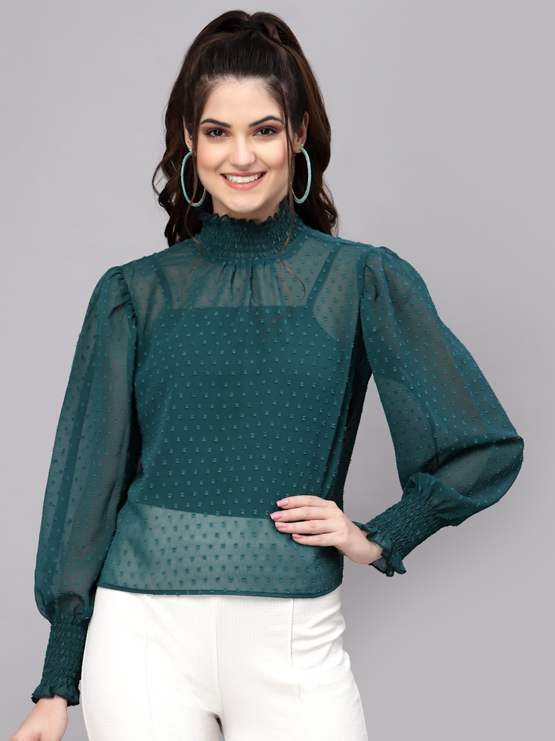 

aayu Self Design High Neck Georgette Top, Green