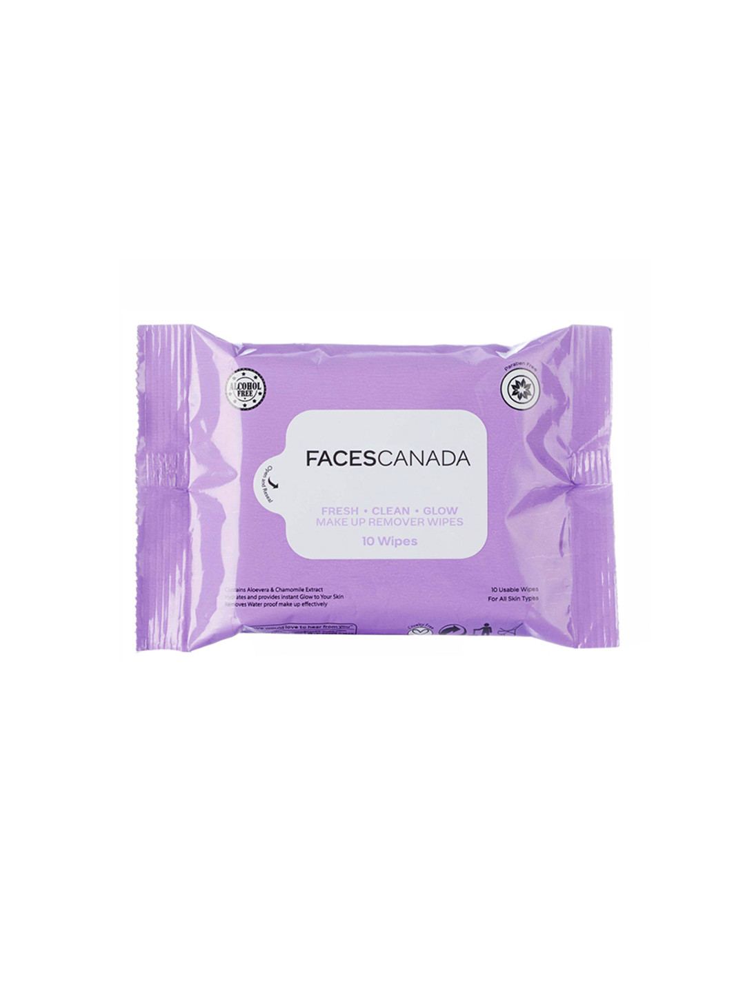 

FACES CANADA Fresh Clean Glow Makeup Remover Wipes with Aloevera & Chamomile - 10 Pcs, Purple