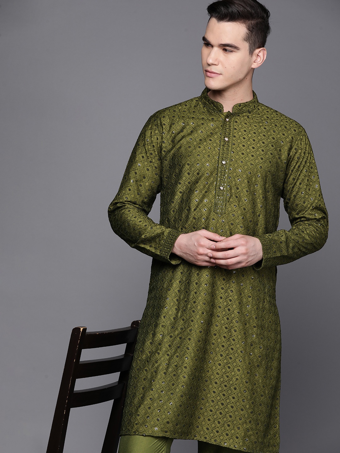 

Inddus Ethnic Motifs Embroidered Chikankari Kurta with Trousers, Green