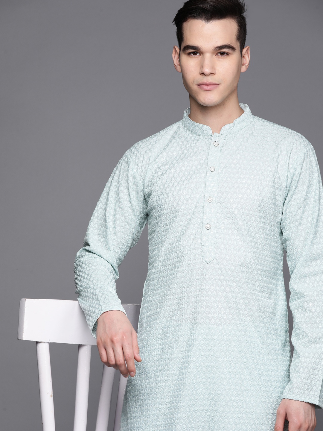 

Inddus Ethnic Motifs Embroidered Chikankari Kurta with Trousers, Turquoise blue