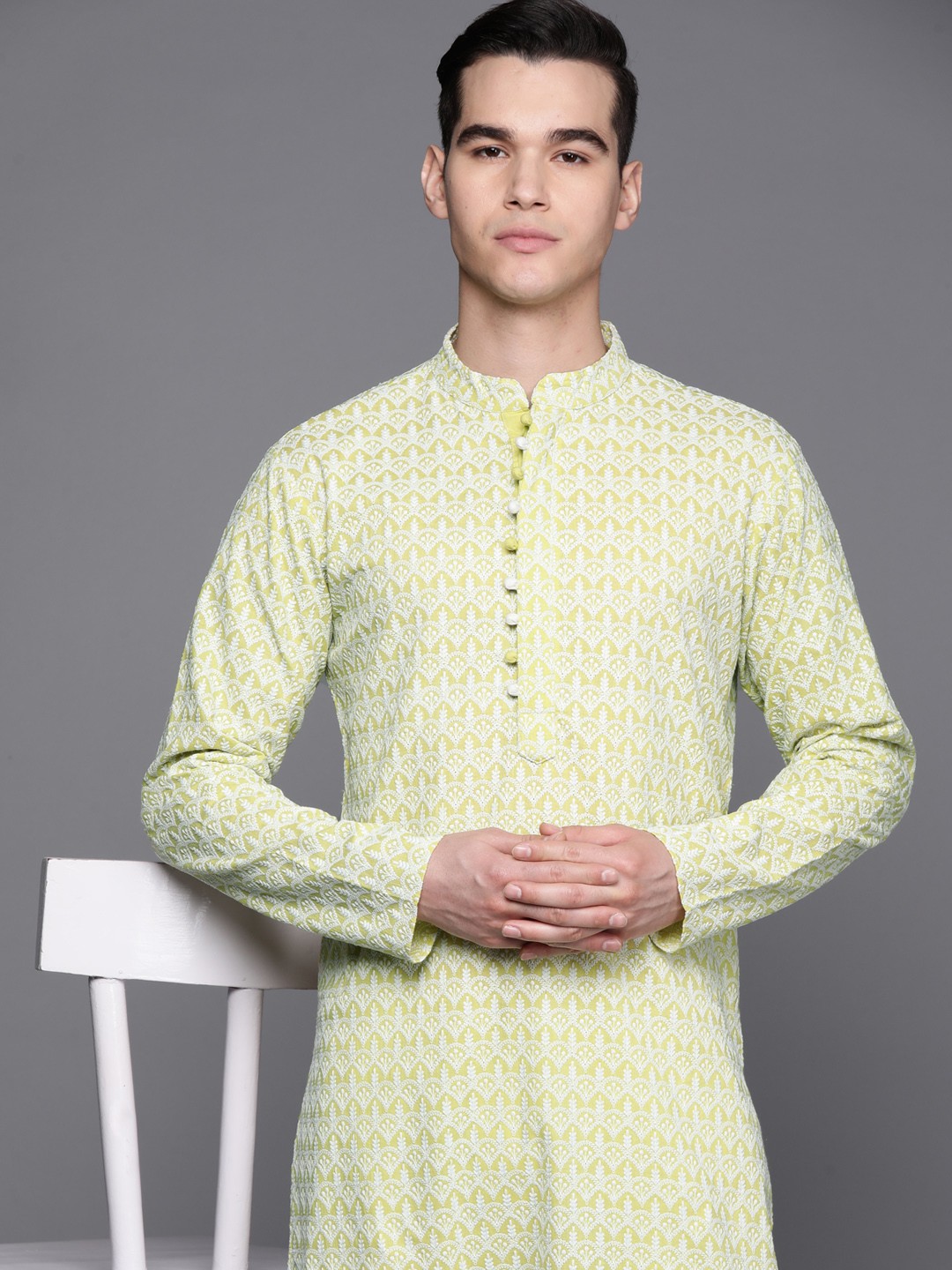 

Inddus Ethnic Motifs Embroidered Chikankari Pure Cotton Kurta with Trousers, Lime green