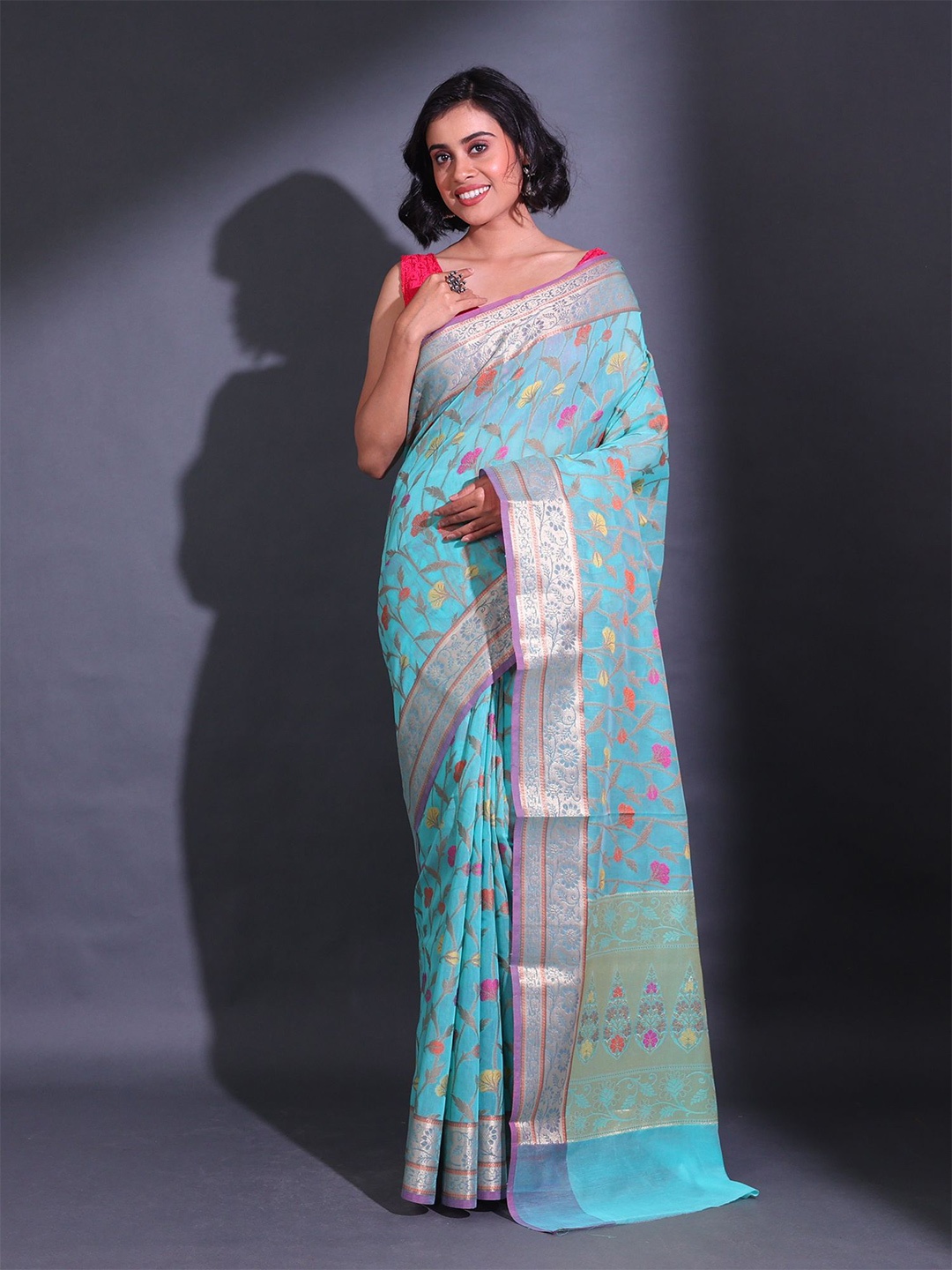 

Charukriti Floral Woven Design Zari Saree, Blue