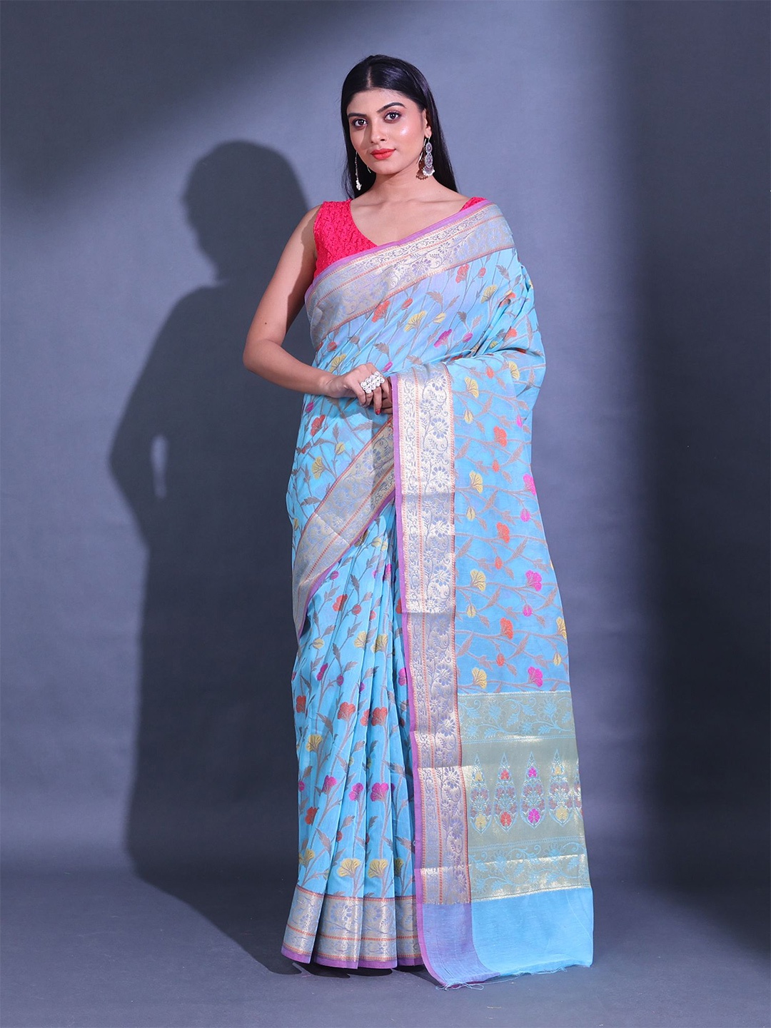 

Charukriti Floral Woven Design Zari Saree, Blue